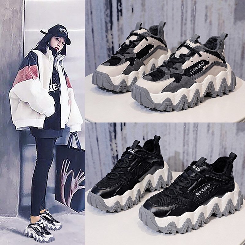 2021 new women's shoes trendy shoes old trendy shoes plus velvet thick-soled increased sports casual shoes