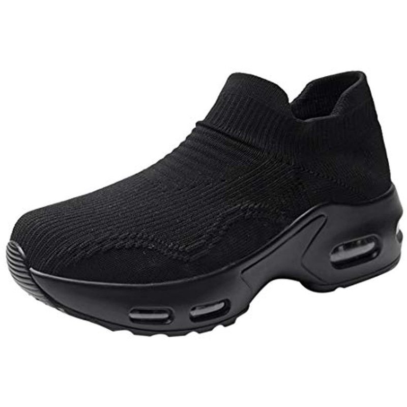 Womens Walking Shoes Sock Sneakers Slip On Mesh Air Cushion Platform Loafers Comfort Wedge Walking Shoes Black